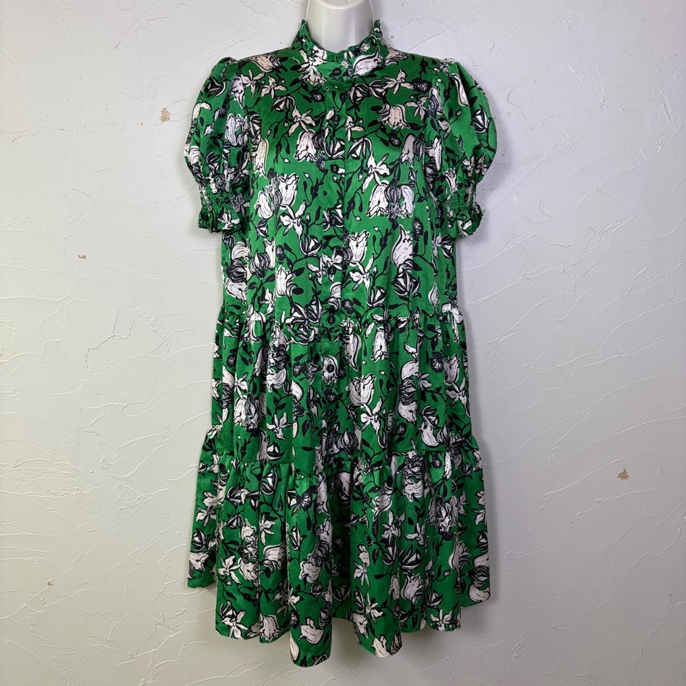 NEW SIXDO Green Floral Tiered Button Up Dress Womens Medium Cotton Puff Sleeve‎